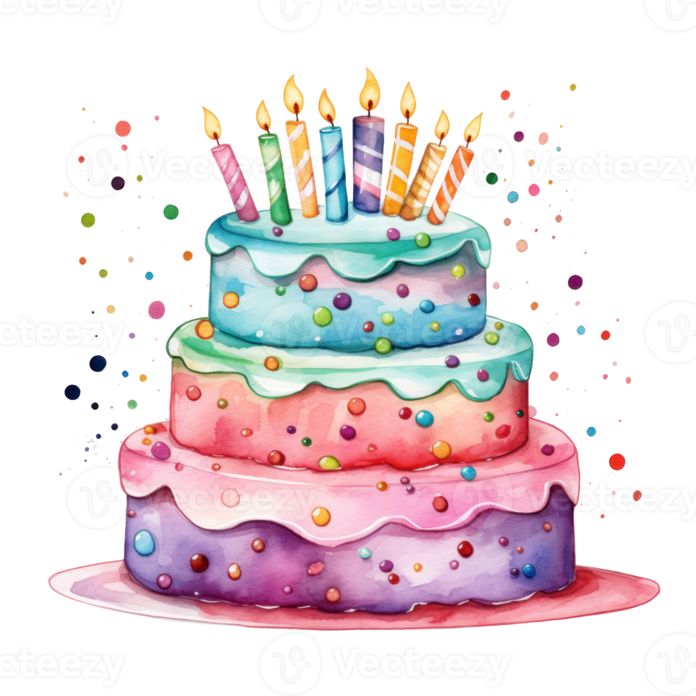 Watercolor vibrant birthday cake isolated png