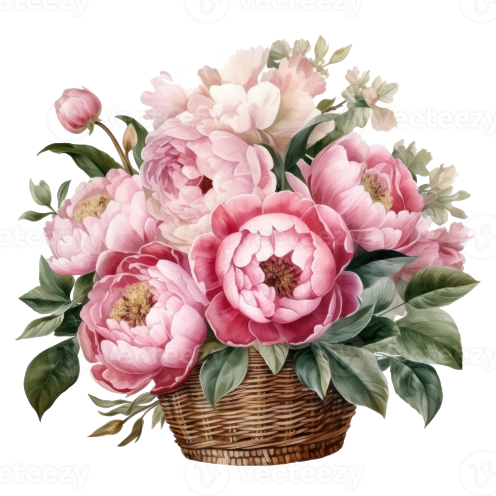 Watercolor peony flowers bouquet isolated png