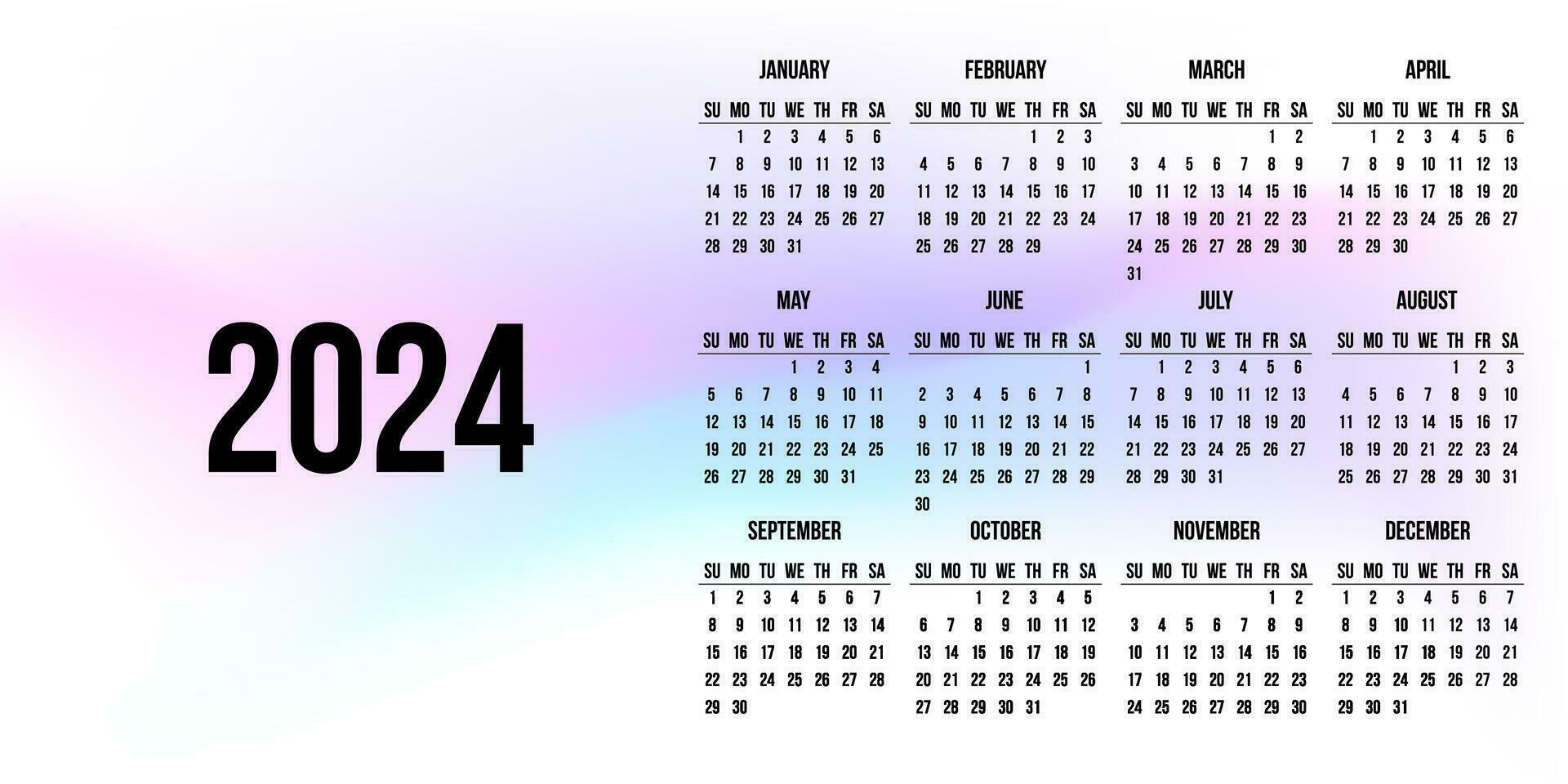 Calendar 2024 on abstract background light pink blue gradient color on white background vector