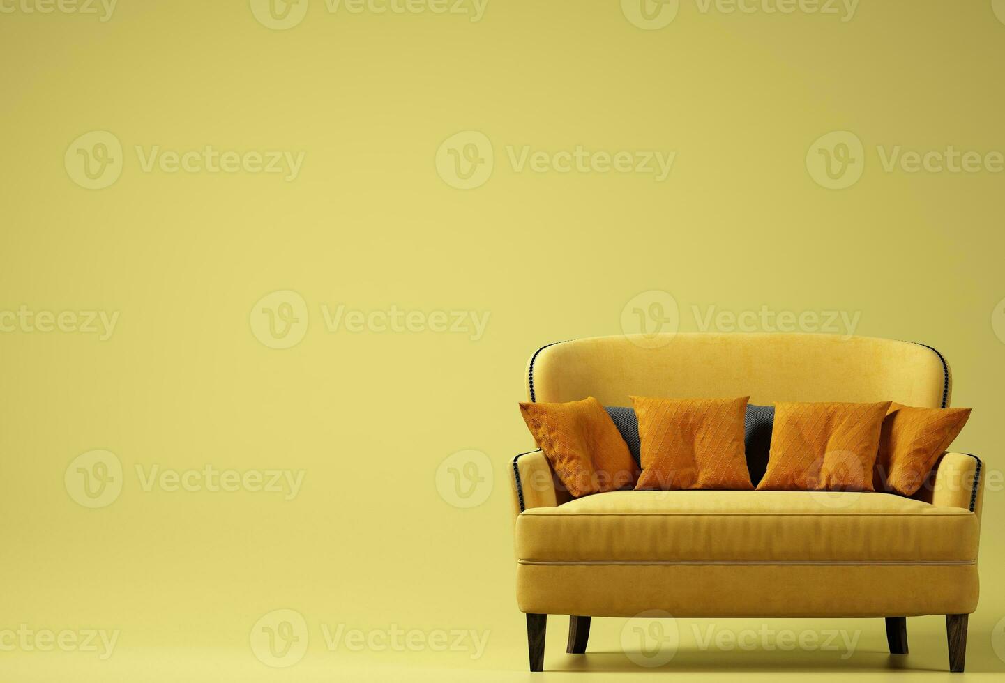 Interior design, Yellow sofa with yellow background. Minimal concept with copy space. 3d rendering photo