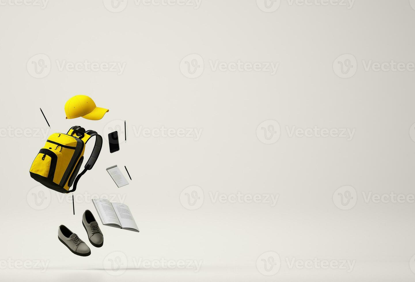 School tools on bright color backgrounds, 3D rendering photo