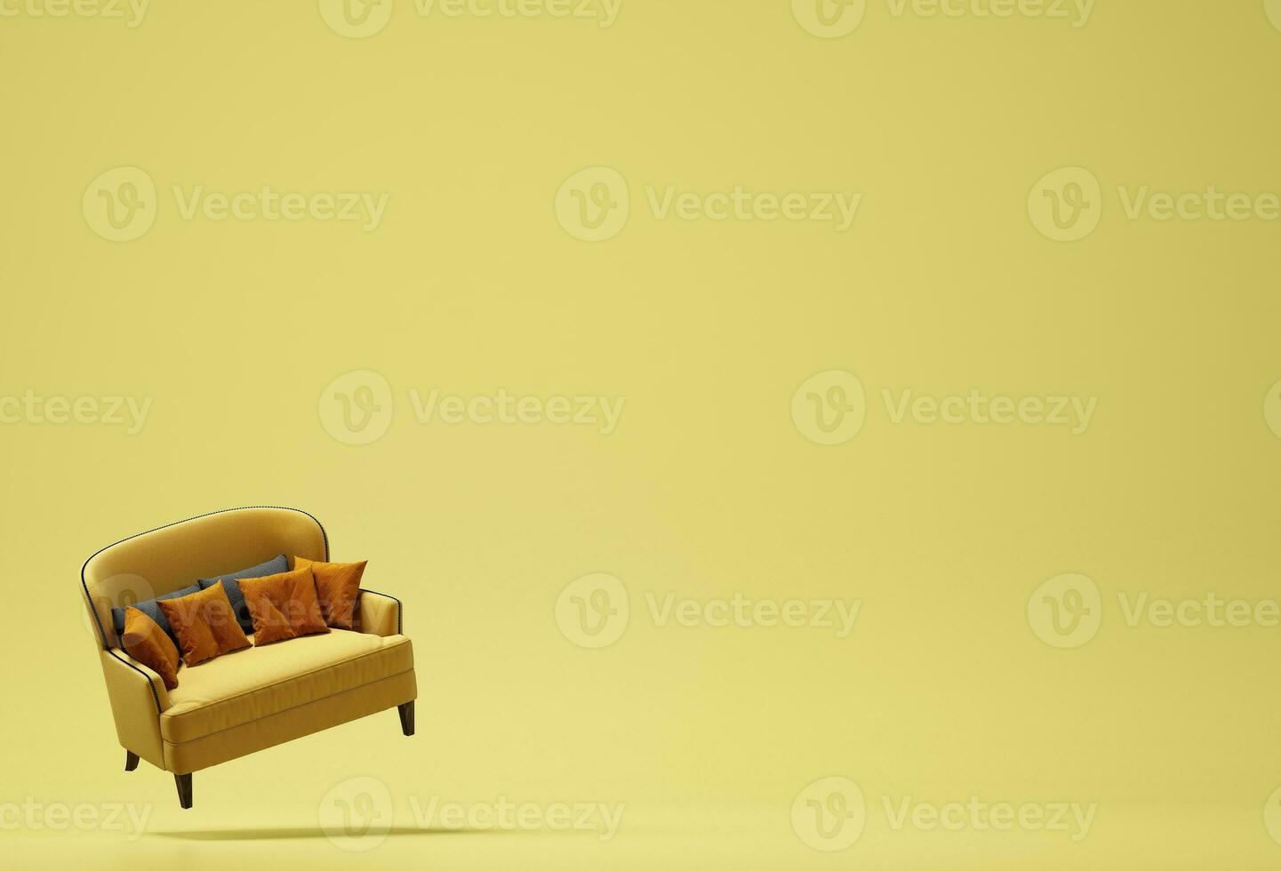 Interior design, Yellow sofa with yellow background. Minimal concept with copy space. 3d rendering photo