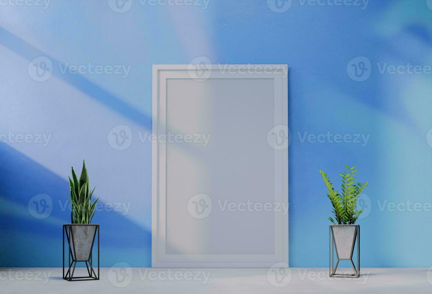 Frame photo mockup with sky blue wall background. 3D Render Illustration