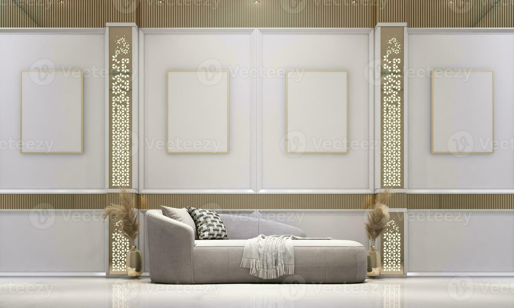 Interior design, 3d rendering of wall panel with classic moldings and wheat bouquet vase decor, classic sofa and two column with light, copy space backdrop for illustration mockup etc. photo