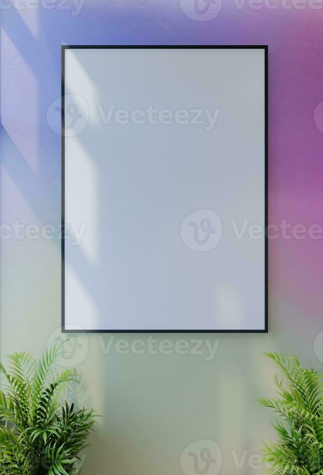 Frame photo mockup with sky blue wall background. 3D Render Illustration