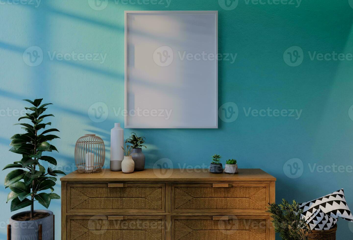 Frame photo mockup with sky blue wall background. 3D Render Illustration