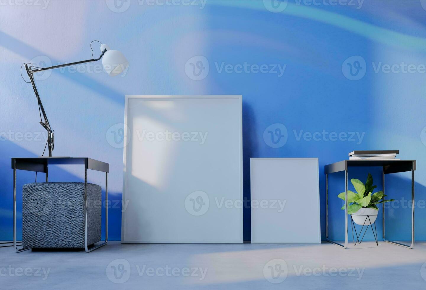 Frame photo mockup with sky blue wall background. 3D Render Illustration