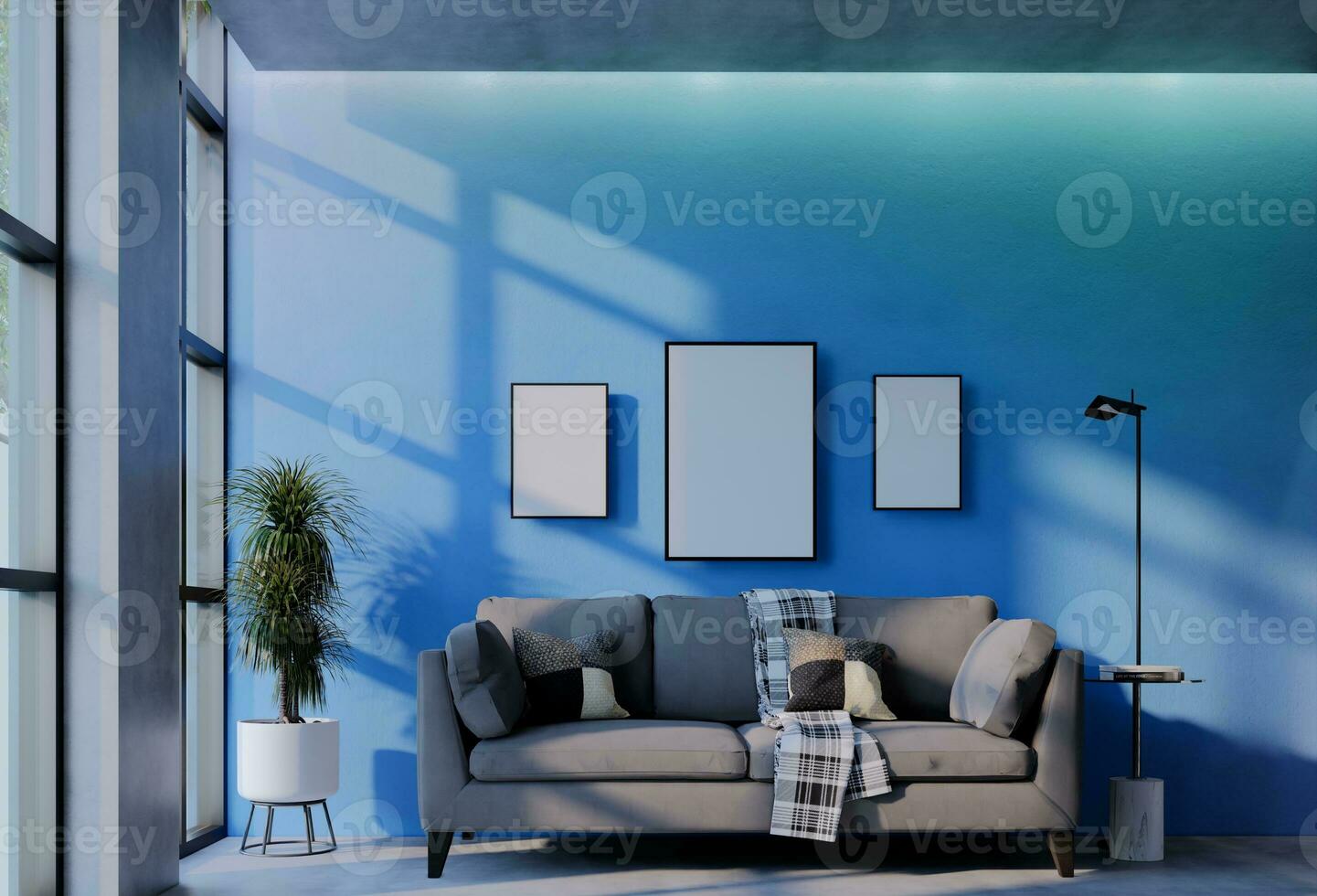 Frame photo mockup with sky blue wall background. 3D Render Illustration