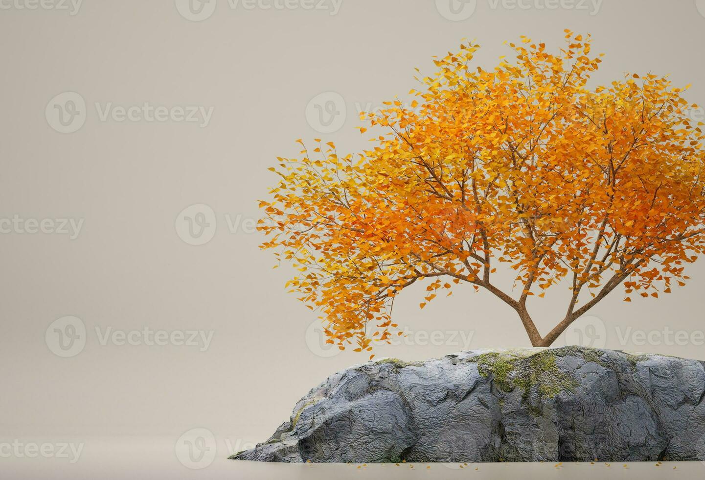 Autumn tree and rock isolated on blue background. Minimal concept with copy space photo