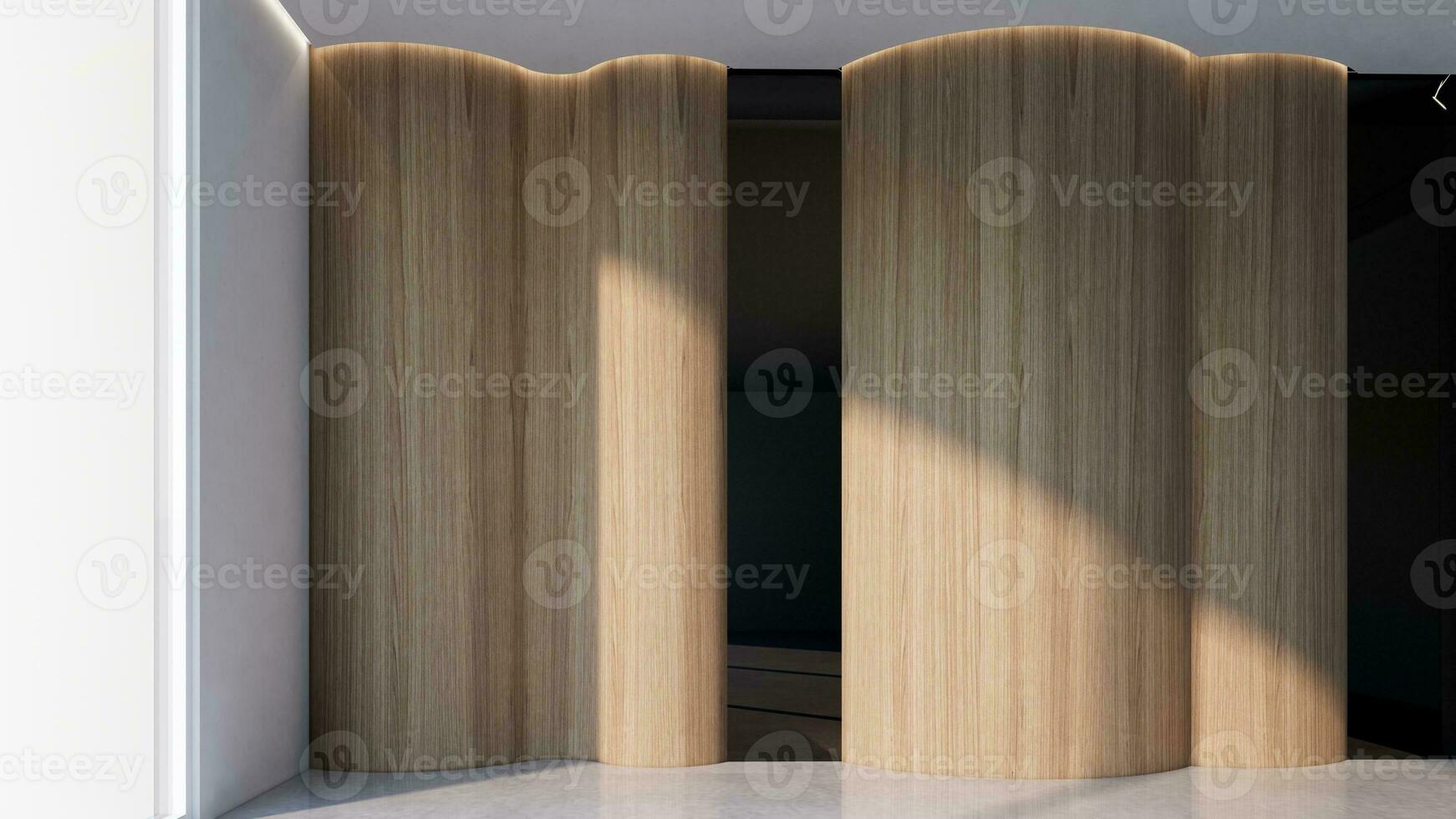 Modern empty room with vertical wooden slats. 3d illustration render photo