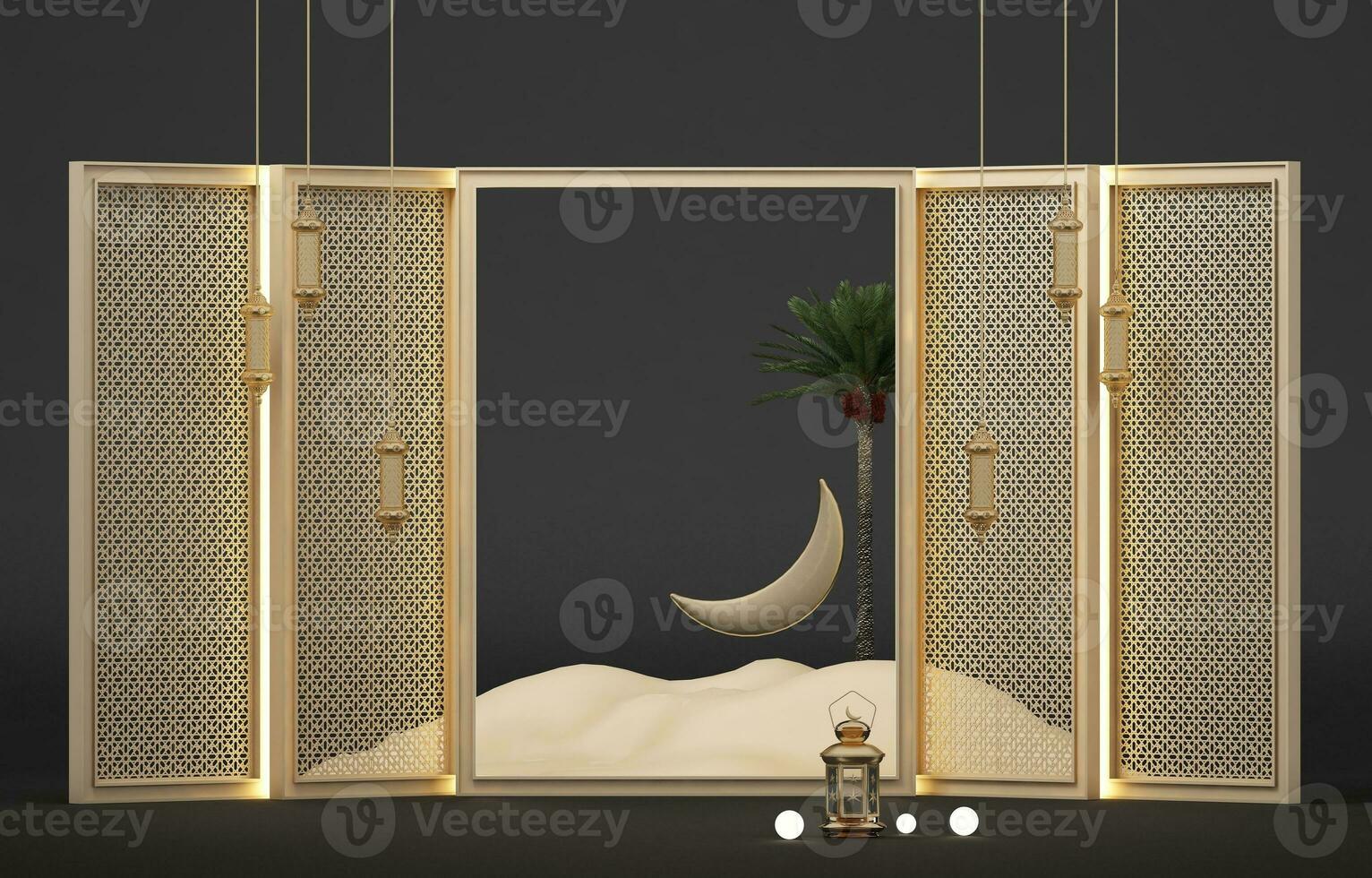 linterna, luna, desierto, y pared modelo con podio. 3d representación de moderno islámico tema pancartas antecedentes diseño modelo. 3d ilustración foto