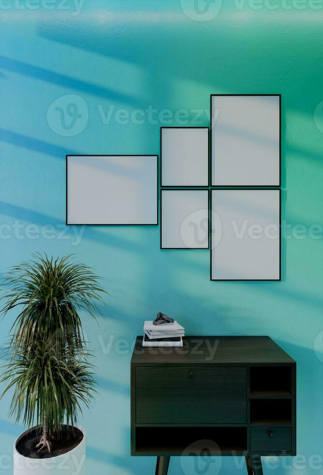 Frame photo mockup with sky blue wall background. 3D Render Illustration