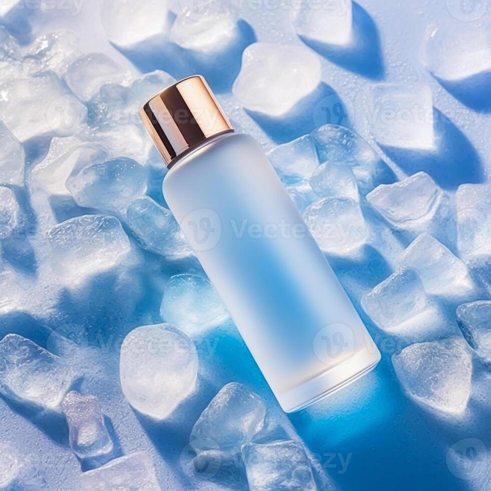 Skincare cosmetic bottle with golden cap on blue ice background, photo