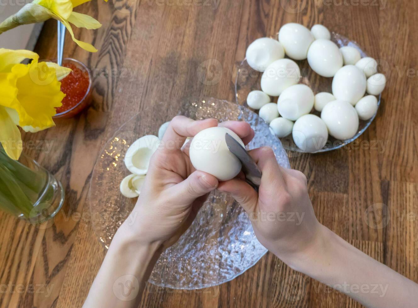 Step by step. egg cut in half, for making stuffed eggs photo