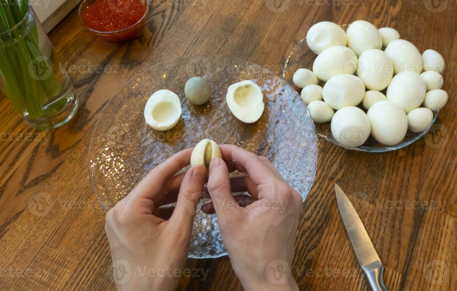 Step by step. egg cut in half, for making stuffed eggs photo