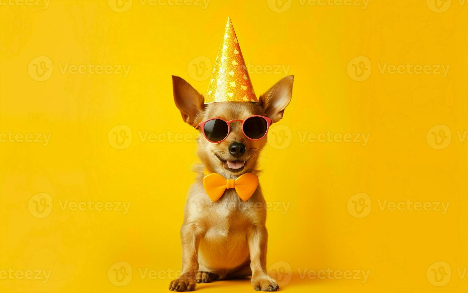 linda perro en fiesta sombrero, naranja arco Corbata y Gafas de sol terminado brillante amarillo antecedentes. gracioso mascota celebracion foto