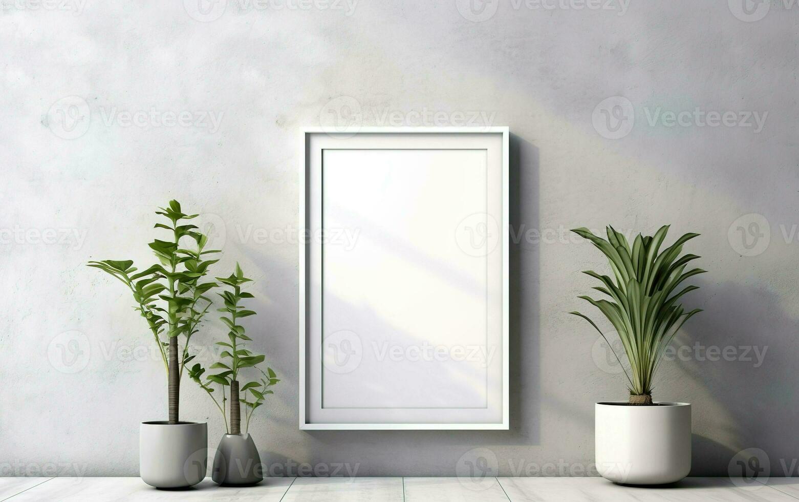 Wooden frame mockup over grey wall with green plants in vase, blank vertical frame with copy space. Sunlight and foliages leaves shadow. Contemporary interior mockup. photo