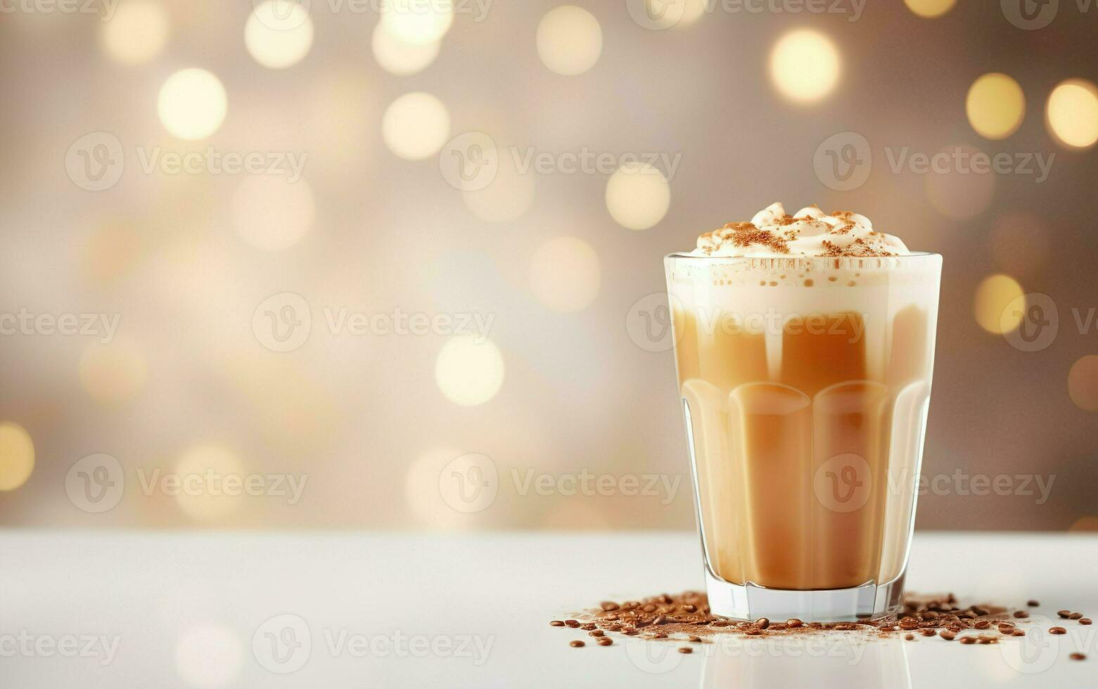 tall cup of latte with whipped cream, blurred, sparkling and fabulous background with beautiful bokeh, light orange gold, festive atmosphere, on the marble table photo