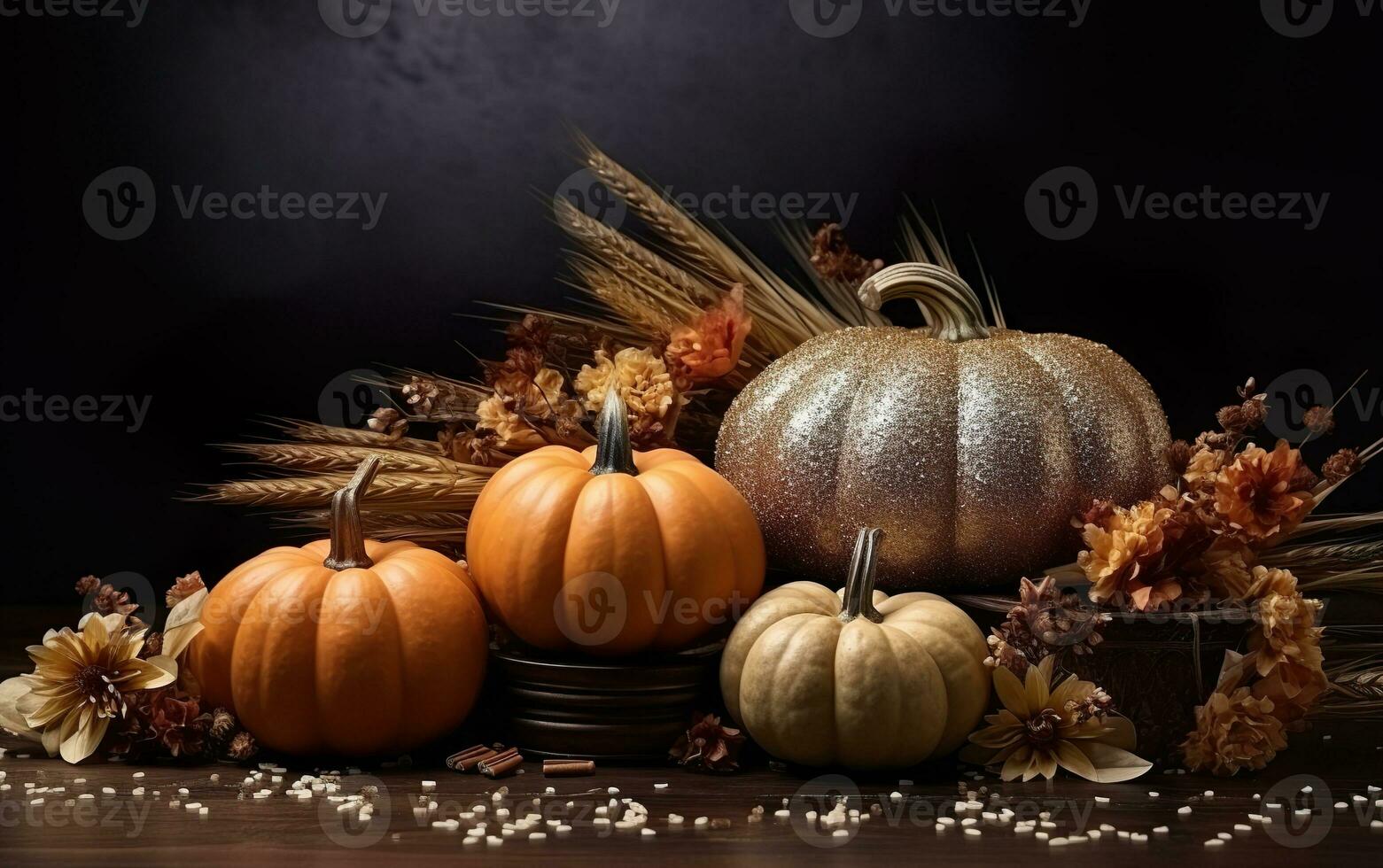 Autumn still life with pumpkins, dry flowers and wheat on blurred dark blue background. Wooden table. Halloween concept. Happy Thanksgiving. photo