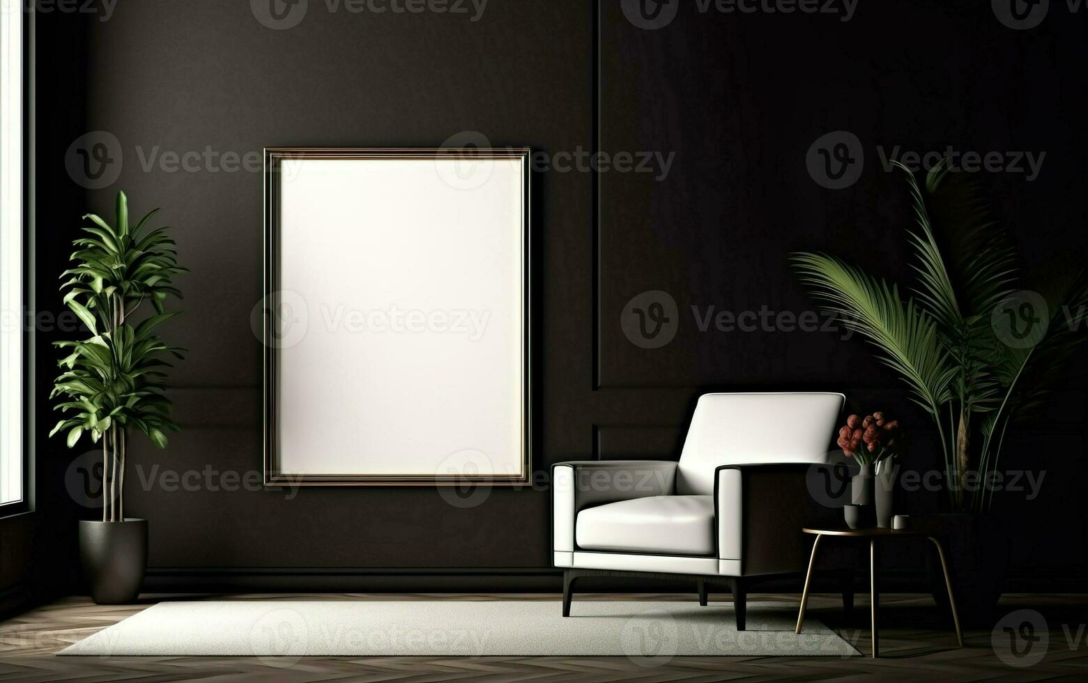 Empty frame on the black wall with copy space in the modern and chic living room with a white retro armchair, green plants on the floor side, coffee table. Sunlight from the window photo