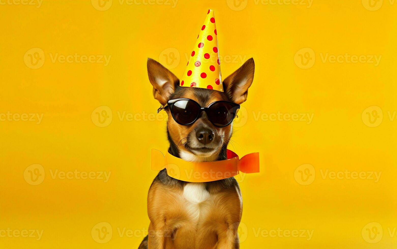 gracioso mascota celebrando, linda perro en fiesta sombrero y Gafas de sol terminado amarillo antecedentes. foto