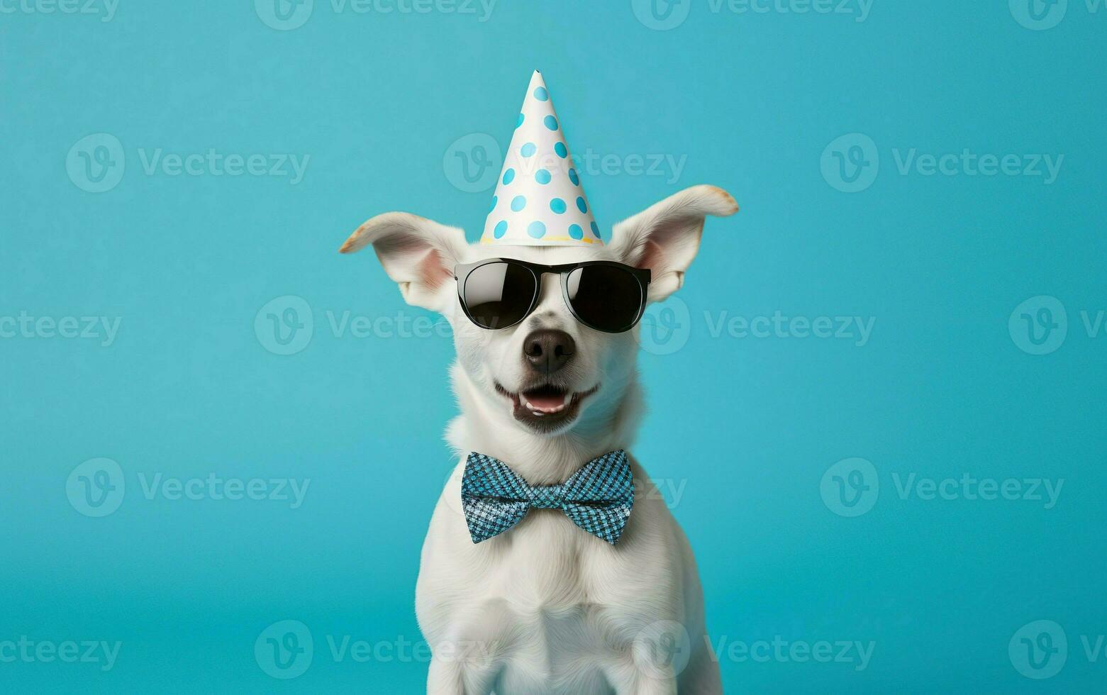 Funny Pet Celebrating, Cute dog in white Party Hat, bow tie and Sunglasses over blue background, bithday banner photo