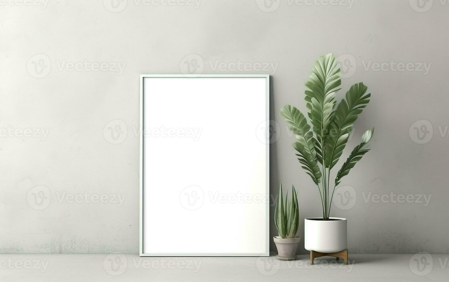 Blank vertical frame mockup for artwork or print on gray wall with green plants in vase, copy space, minimalist design scene, modern interior mockup photo