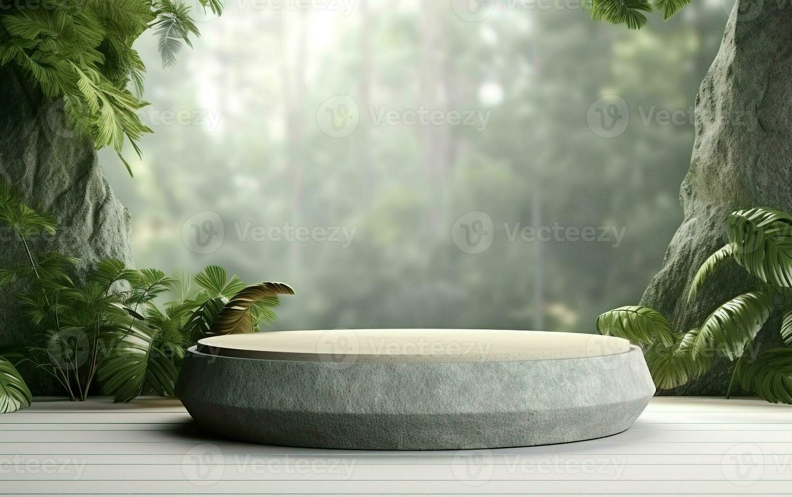 3d rendering empty product display podium scene with cylinder stand concept. Green forest with rocks background, Sunlight, for beauty skincare technology products display photo