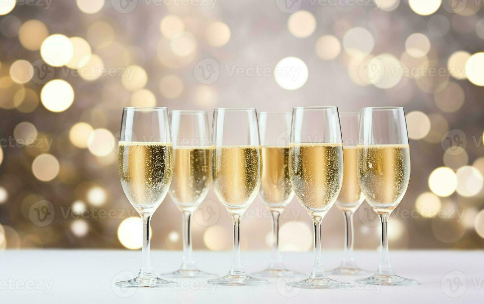 lentes de champán en mesa en el oro festivo bokeh antecedentes. muchos vaso de blanco espumoso vino. bufé. celebracion de cumpleaños, bautismo, Boda o corporativo fiesta. foto