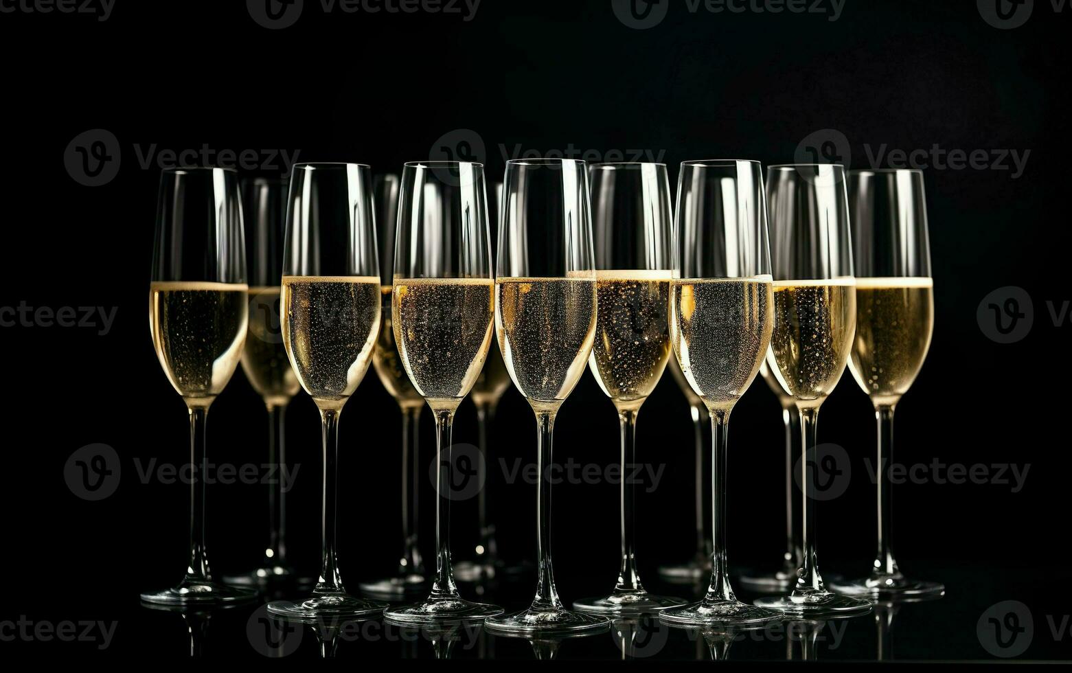 fiesta fila de champán lentes en mesa en el oscuro antecedentes. muchos vaso de blanco espumoso vino. bufé. celebracion de cumpleaños, bautismo, Boda o corporativo fiesta. foto