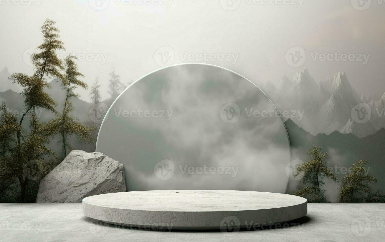 3d background product display podium scene with concrete cylinder stand concept. Forest mountains background, beauty skincare technology products display photo