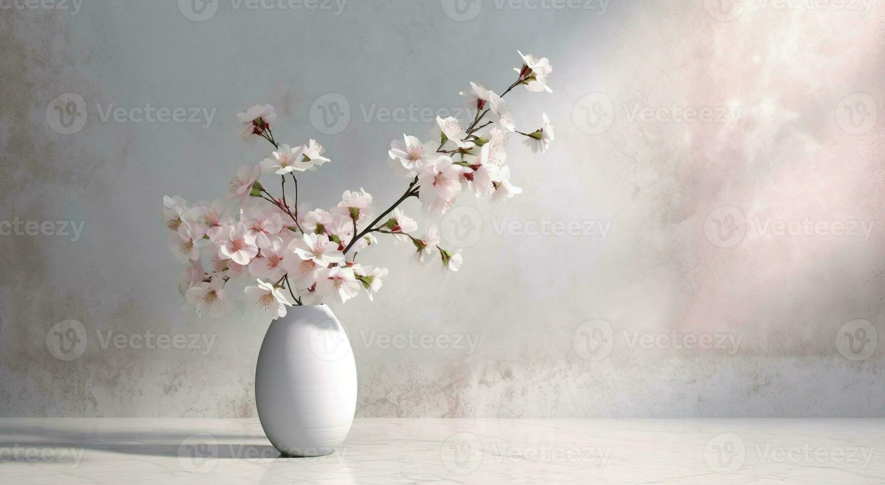 White ceramic vase with blooming flowers branches in sunlight from window on pastel pink and gray wall, shadow on white floor for decoration, luxury cosmetic, skincare, beauty product photo