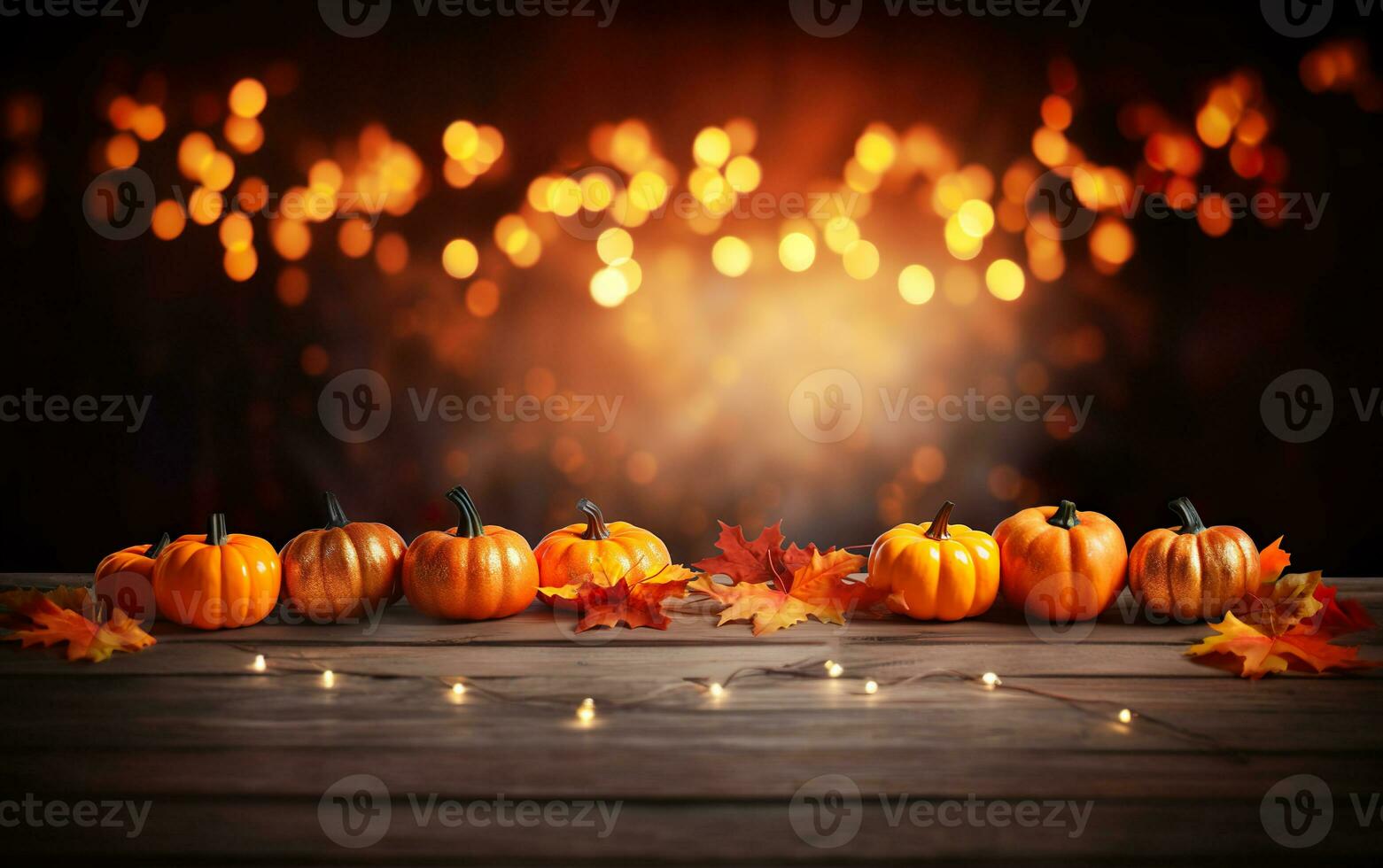 acción de gracias día bandera con calabazas, guirnaldas y arce hojas en oscuro bokeh luces marrón antecedentes. otoño composición con Copiar espacio. de madera mesa. Víspera de Todos los Santos concepto. festivo atmósfera. foto