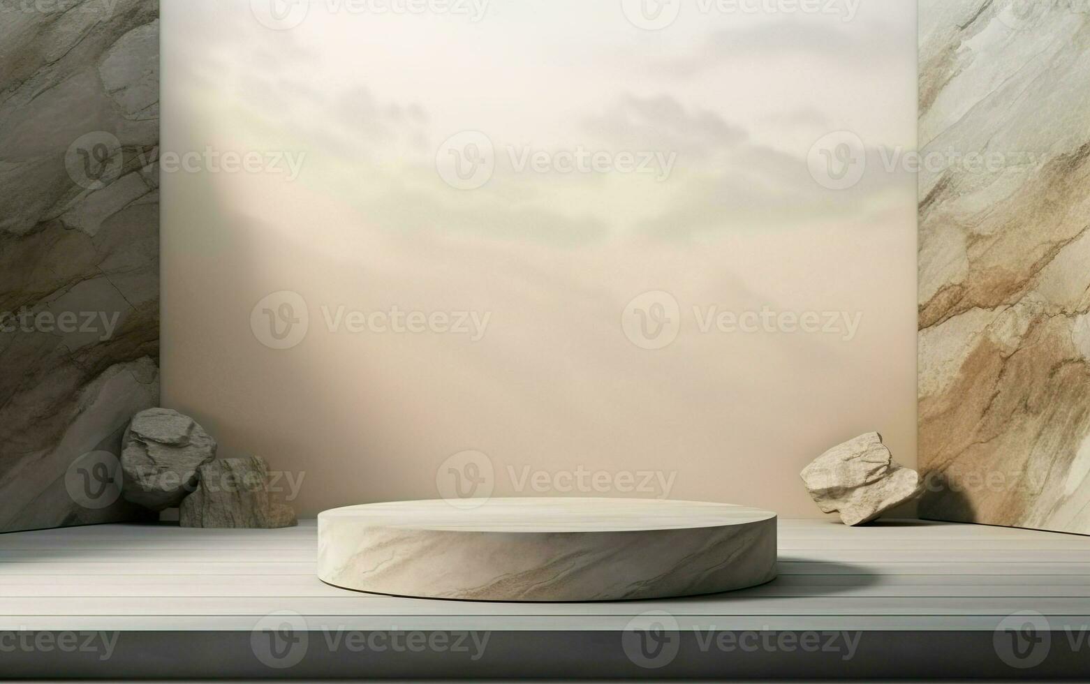 Empty mockup scene of marble texture cube podium for template, beige wall with stones on rock background, beauty product display, 3d photo