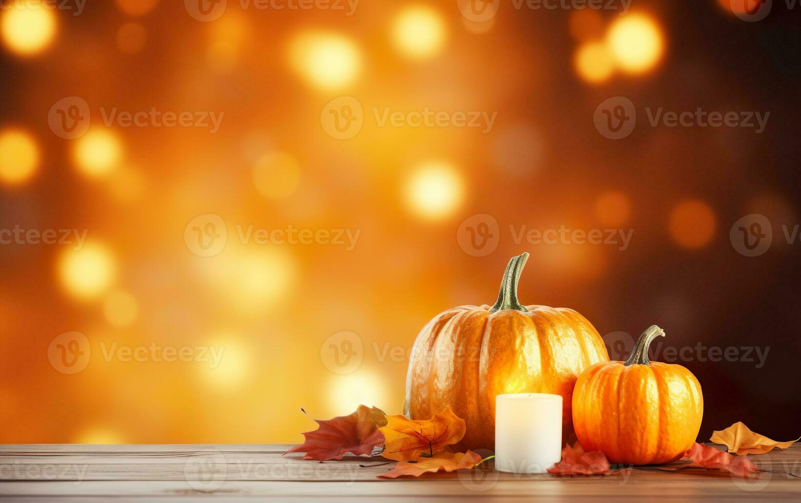 Autumn pumpkin with candles, maple leaves on blurred bokeh lights orange background with copy space. Wooden table. Halloween concept. Happy Thanksgiving. photo