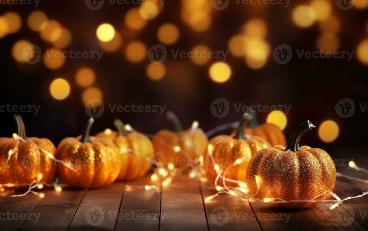 Festive autumn decor of pumpkins wrapped around a string lights garland on wooden table. Orange and dark bokeh lights background. Thanksgiving and Halloween greeting card concept. Copy space. photo