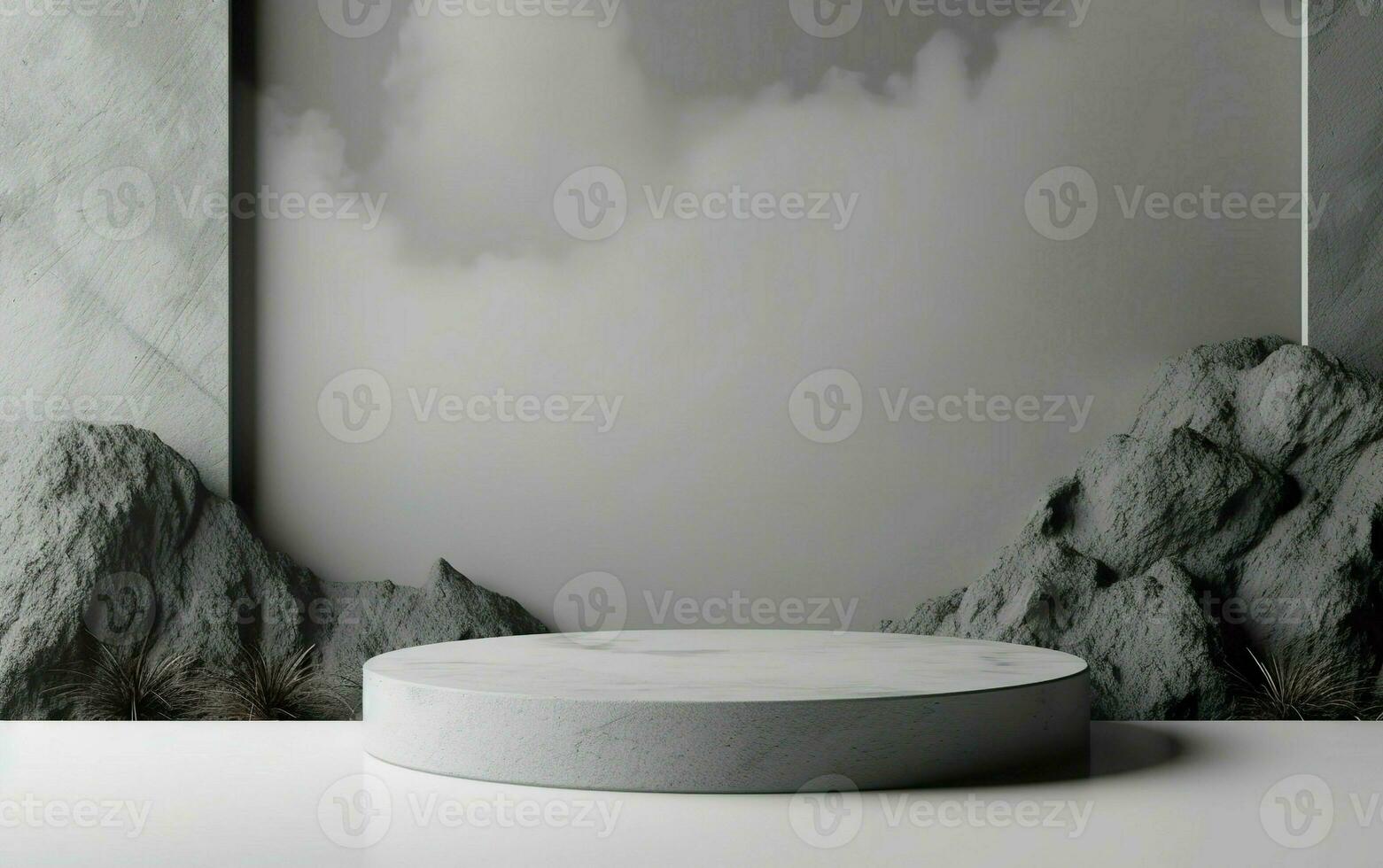 3d background product display podium scene with white cylinder stand concept. Empty space for beauty skincare technology products display, Gray Mountains background photo