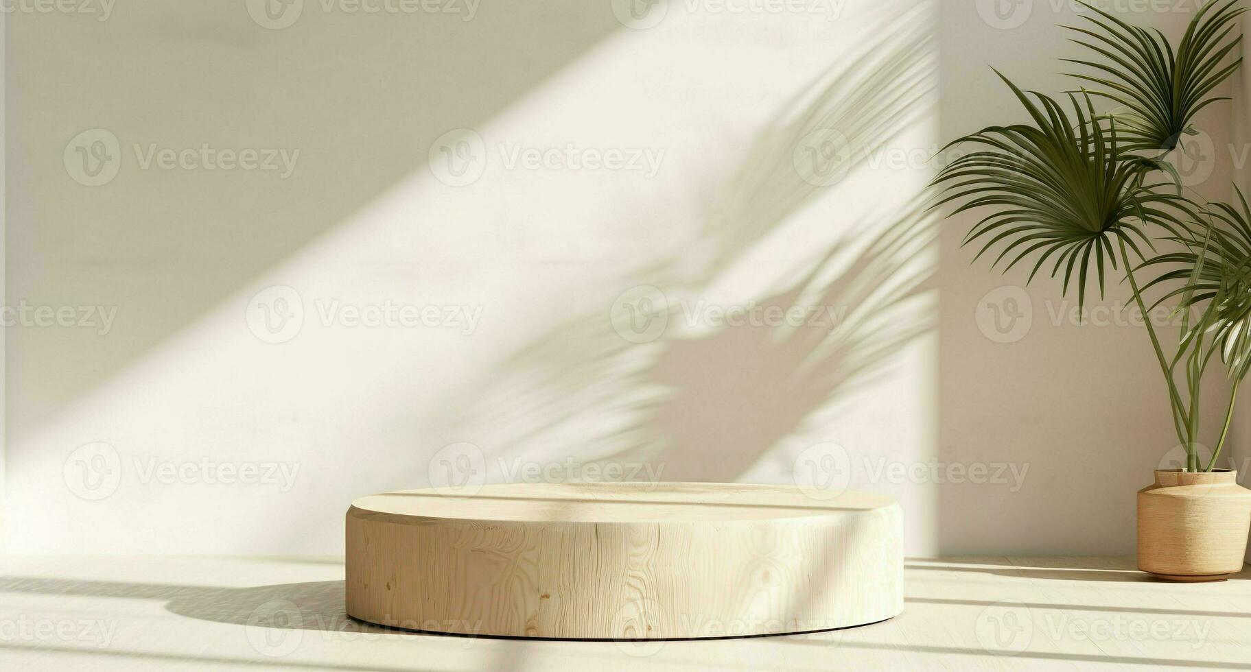 Empty wooden podium with palm leaves on background, natural shadows design. Beauty product display. Organic Natural concept. Mock up, Spa. photo