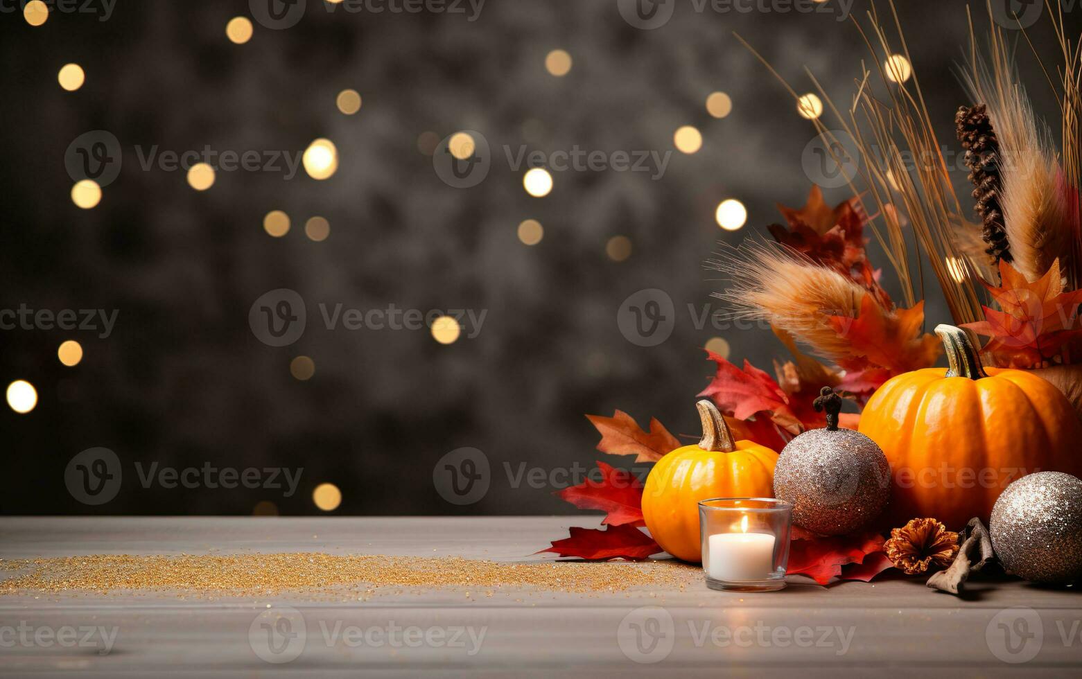 Autumn pumpkin with candles, maple leaves, dry flowers on dark bokeh lights brown background with copy space. Wooden table with glitter. Halloween concept. Happy Thanksgiving. photo