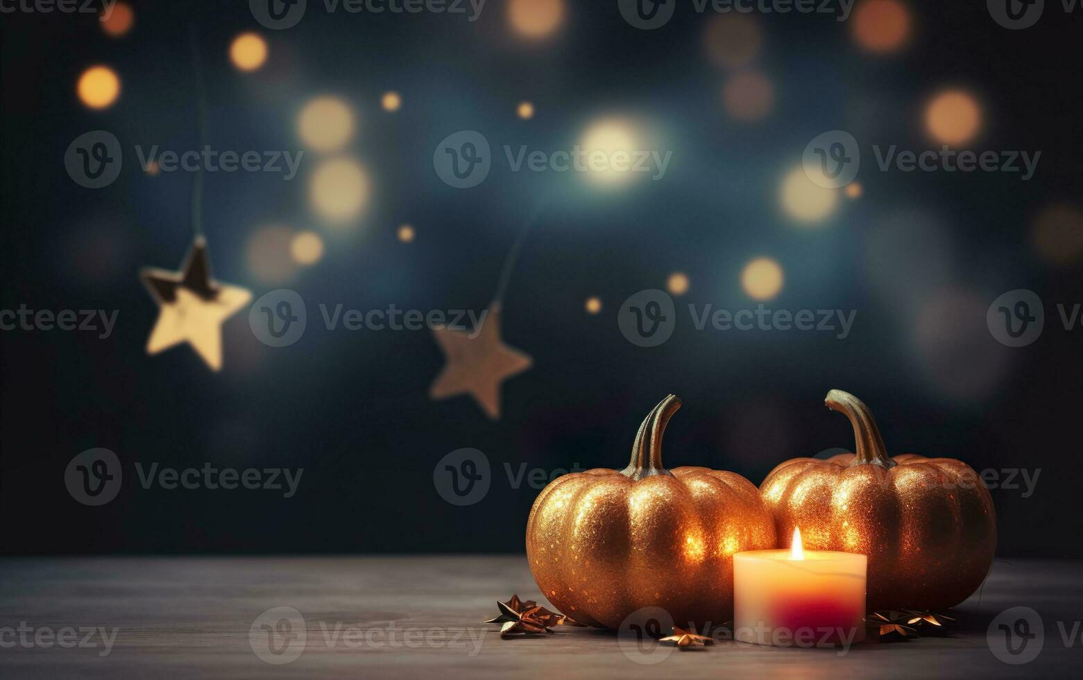 Golden decorative pumpkin with candles, maple leaves on dark bokeh lights blue background with copy space. Wooden table. Halloween concept. Happy Thanksgiving. Festive atmosphere. photo