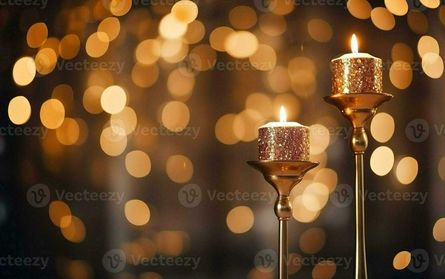 Romantic golden candle in vintage candlesticks over blurred sparkling bokeh background. Christmas lights. Copy space photo