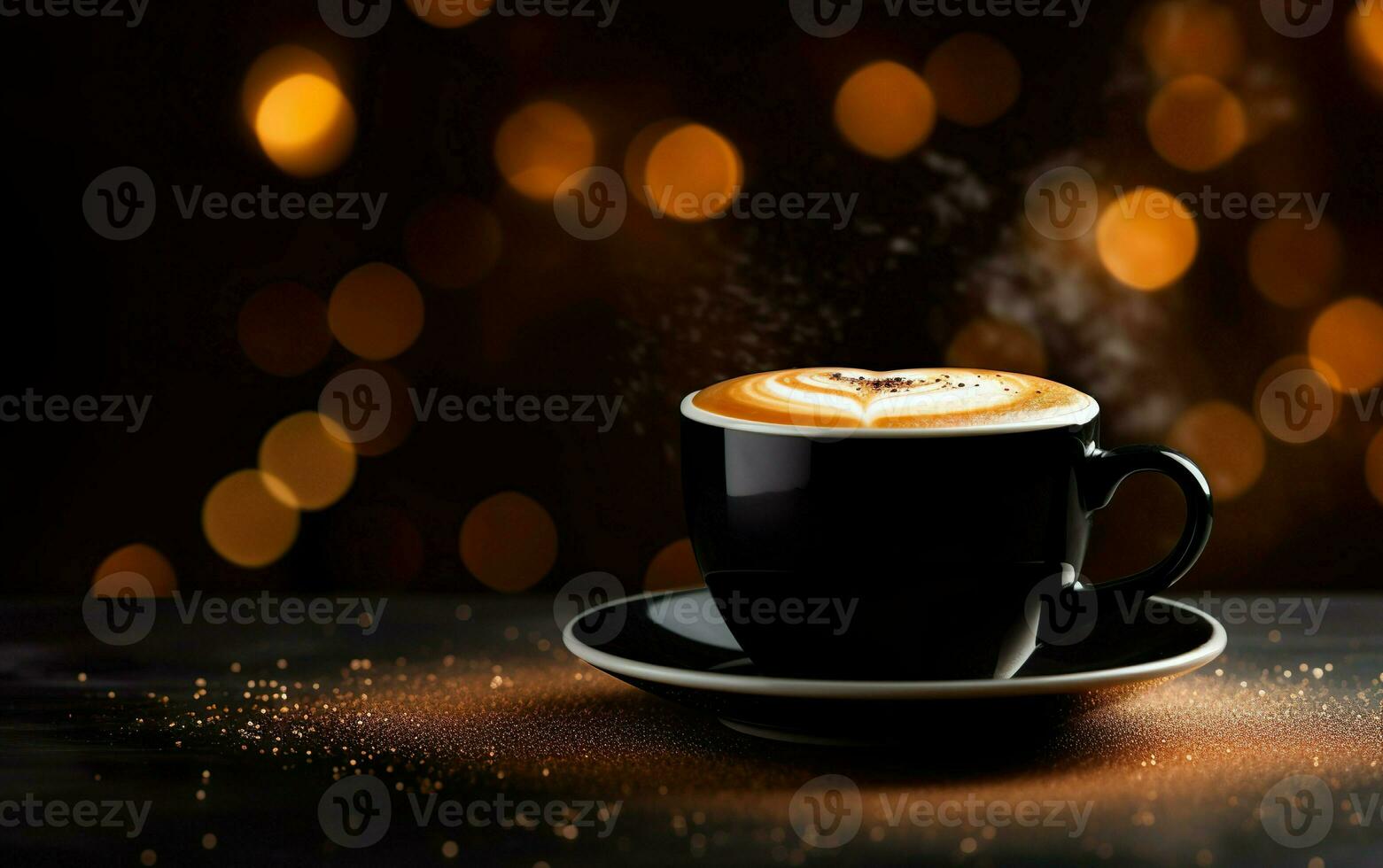 black cup of cappuccino with whipped cream on a plate, blurred sparkling dark background with beautiful bokeh, cinnamon powder and glitter on the dark table photo