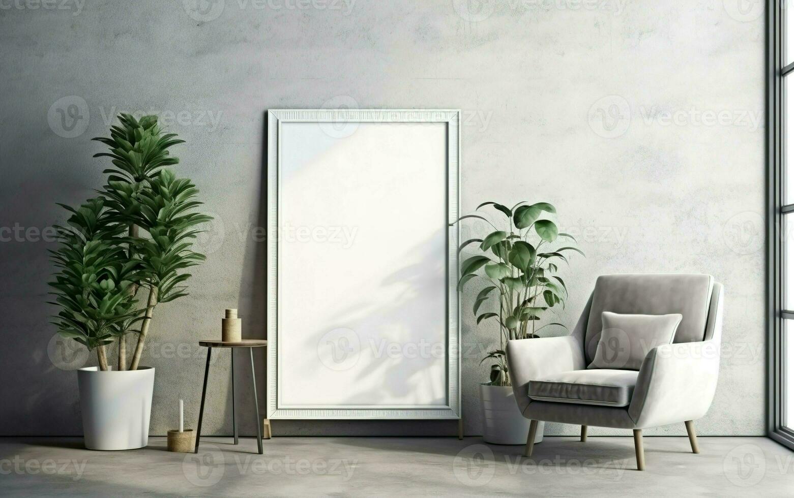 Empty frame on the Gray concrete wall with copy space in the living room with a white retro armchair, green plants on the floor side, coffee table. Sunlight and foliages leaves shadow. photo