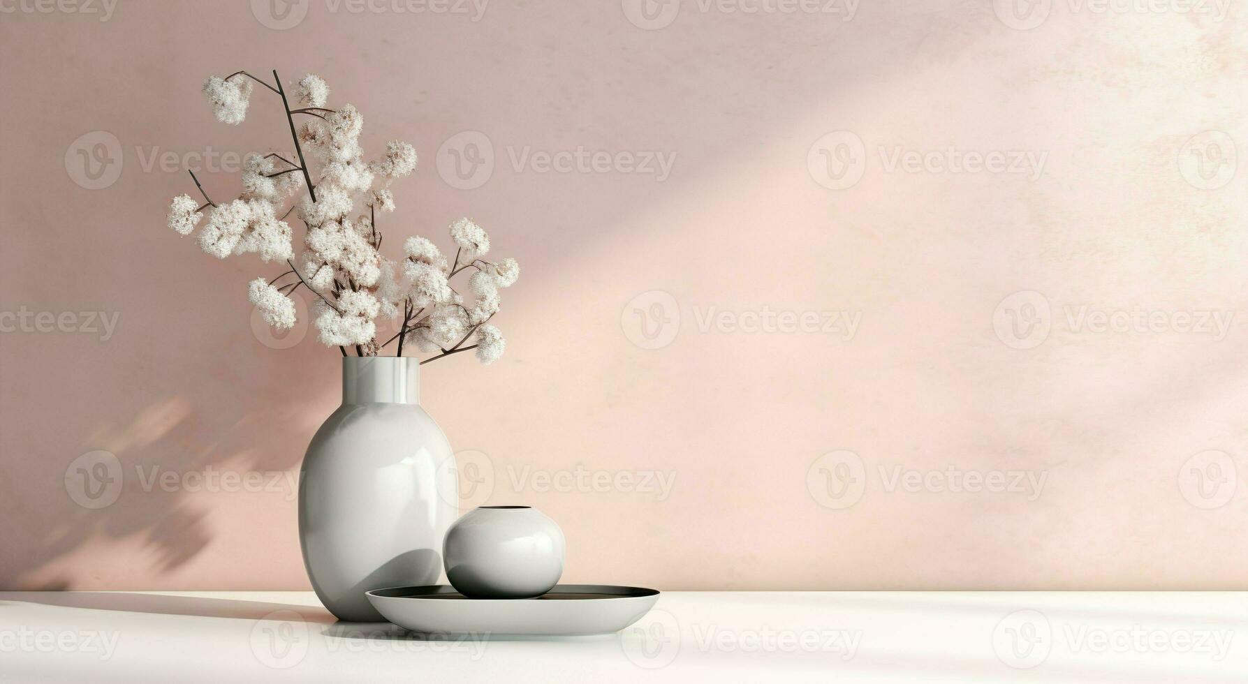2 ceramic vases with blooming branches in sunlight from window on pastel pink and gray wall for decoration, luxury cosmetic, skincare, beauty product background display photo
