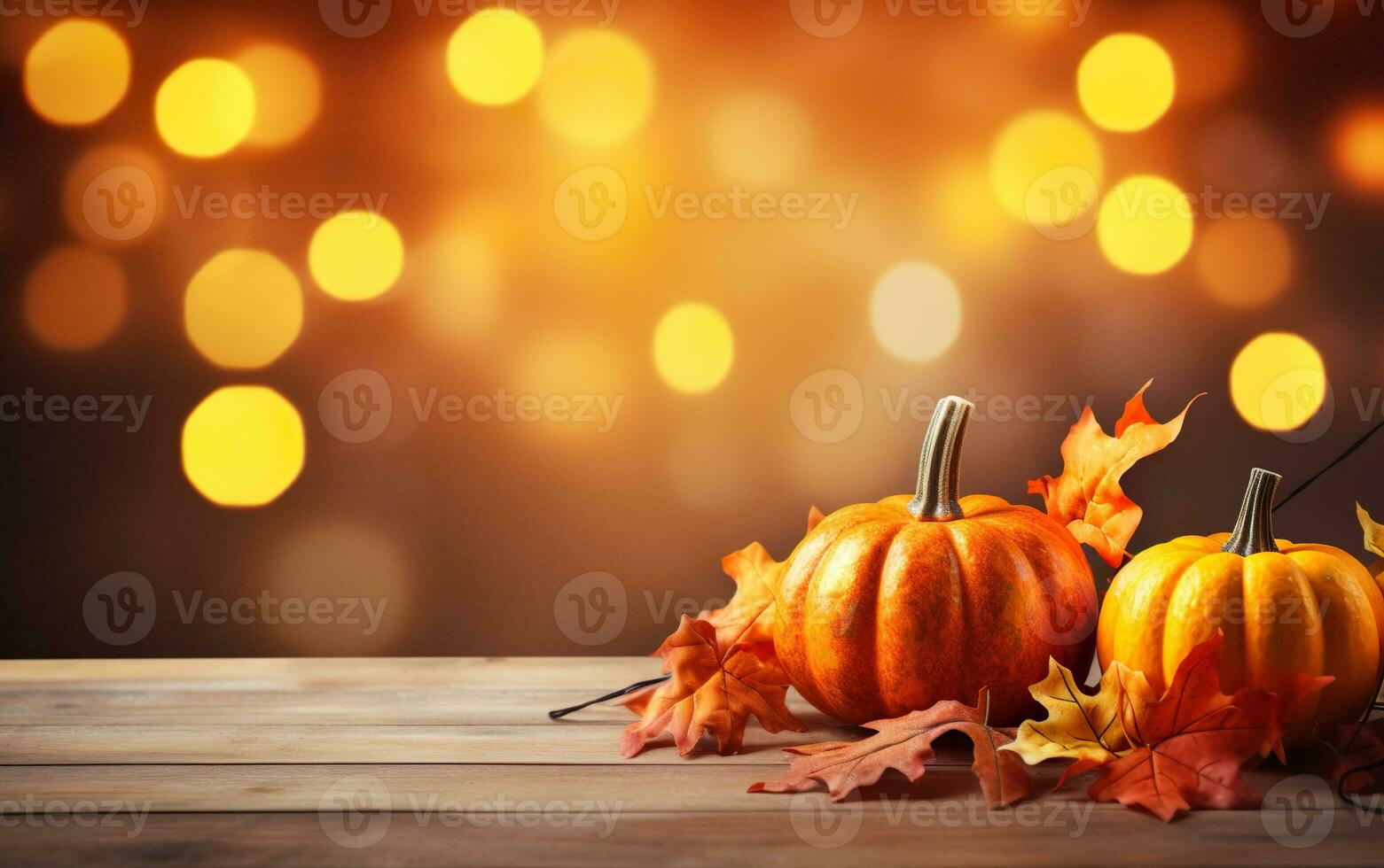 Thanksgiving day with pumpkins and maple leaves on dark bokeh lights orange background. Autumn composition with copy space. Wooden table. Halloween concept. Festive atmosphere. photo