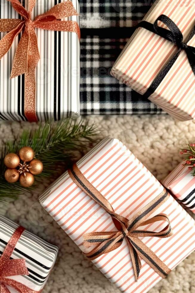 fiesta regalos y regalos, país cabaña rústico estilo regalo cajas para Navidad, boxeo día y Días festivos compras plano, generativo ai foto