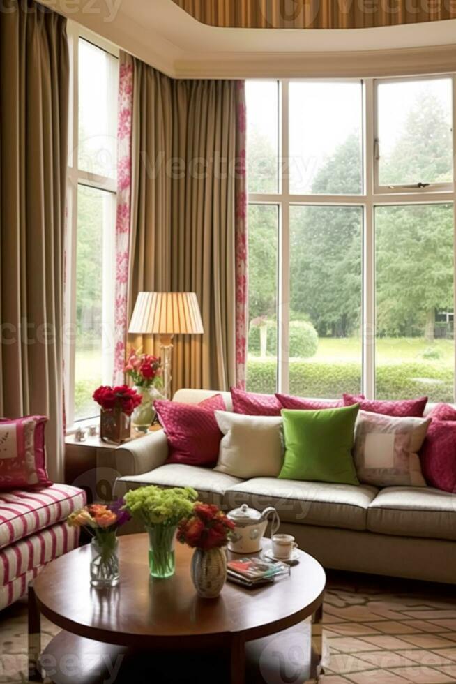 Sitting room decor, interior design and house improvement, living room with large window and pink home decor accents in English country house and elegant cottage style, generative ai photo