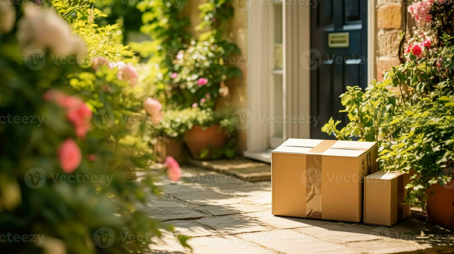 postal servicio, hogar entrega y en línea compras, paquete o empaquetar caja en un casa peldaño en el campo, generativo ai foto