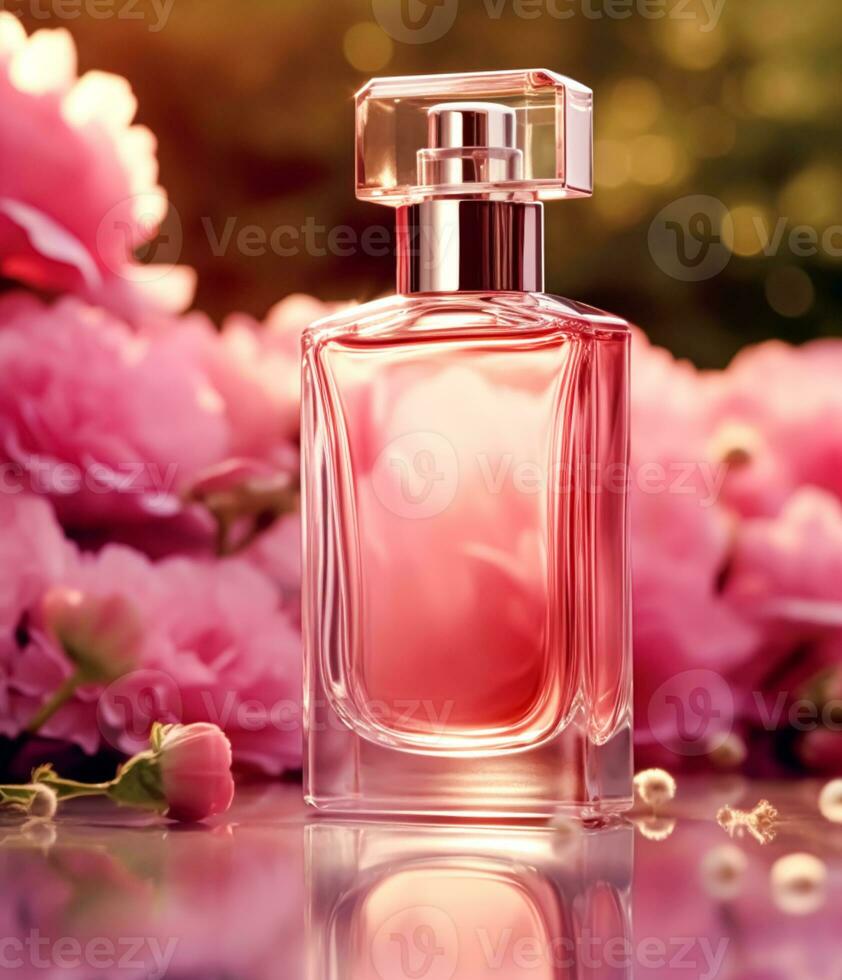 Luxurious floral scent, fragrance bottle and pink flowers, perfume commercial in flower garden, bespoke perfumery and beauty product sale, generative ai photo