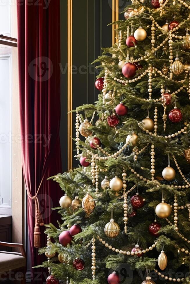 Decorated Christmas tree with classic ornaments and decorations, English country house and cottage style, Merry Christmas and Happy Holidays wishes, photo